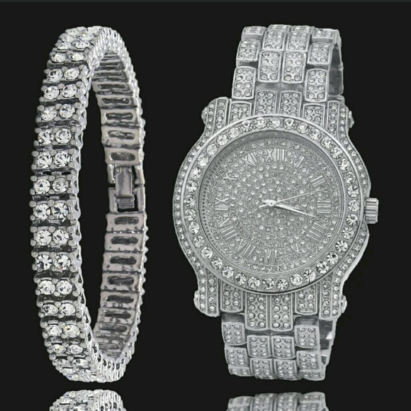"2 ROW 9" INCH ICED OUT HIP-HOP BRACELET" & Watch  - Picture 1 of 3